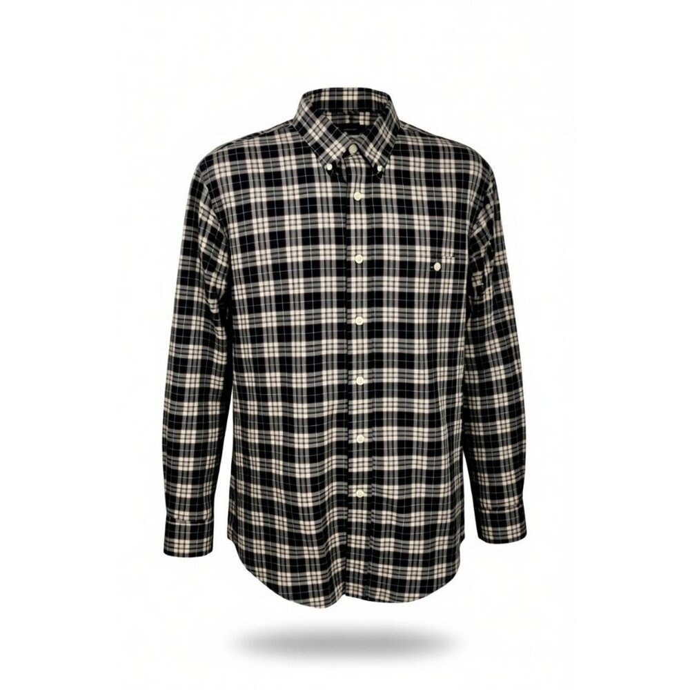 Orvis Mens Trim Fit Plaid Button Down Shirt Black White Size Large Wrinkle Free